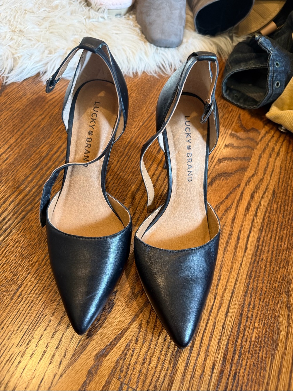 Lucky Brand Black Pointed-Toe Ankle-Strap Heels